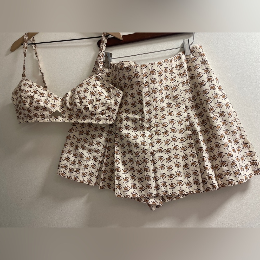 Tory Burch Cream and Brown Floral Skort & bra Top